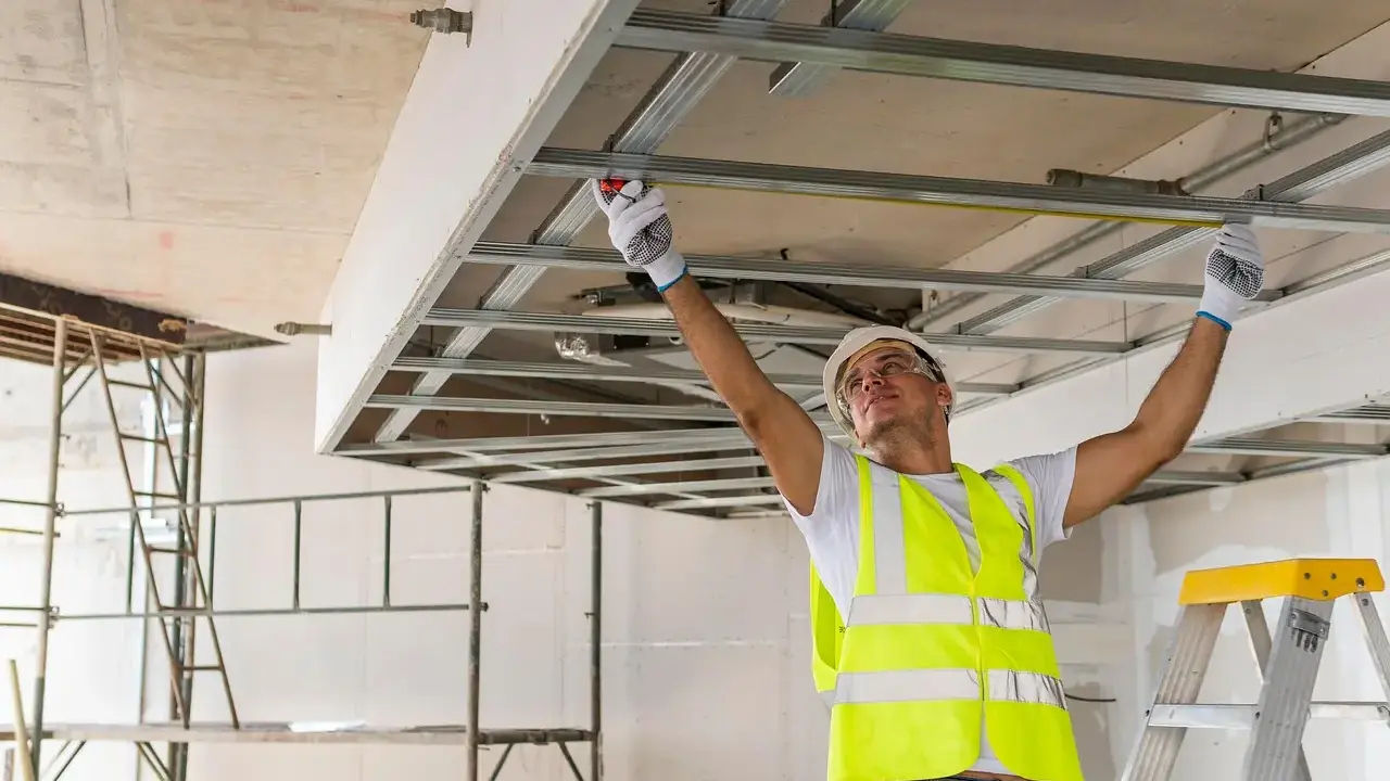 Construction Worker Ceiling Installation Home Renovation